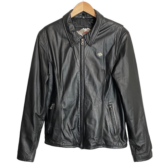 Harley-Davidson Soft Black Leather Moto Embroidered Logo Riding Zippered Jacket - Picture 4 of 16